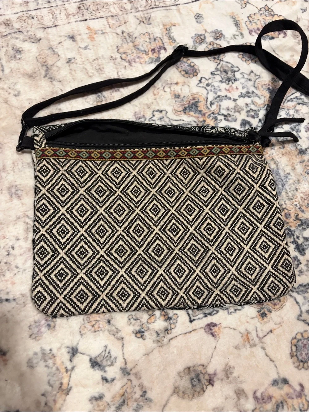 Volcom Black & Cream Diamond-Pattern Crossbody Bag with Woven Trim